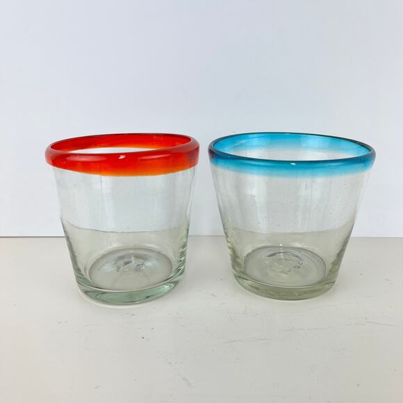 Hand Blown Mexican Bubble Rocks Glass with Colored Rims Set of 2 - Picture 1 of 5